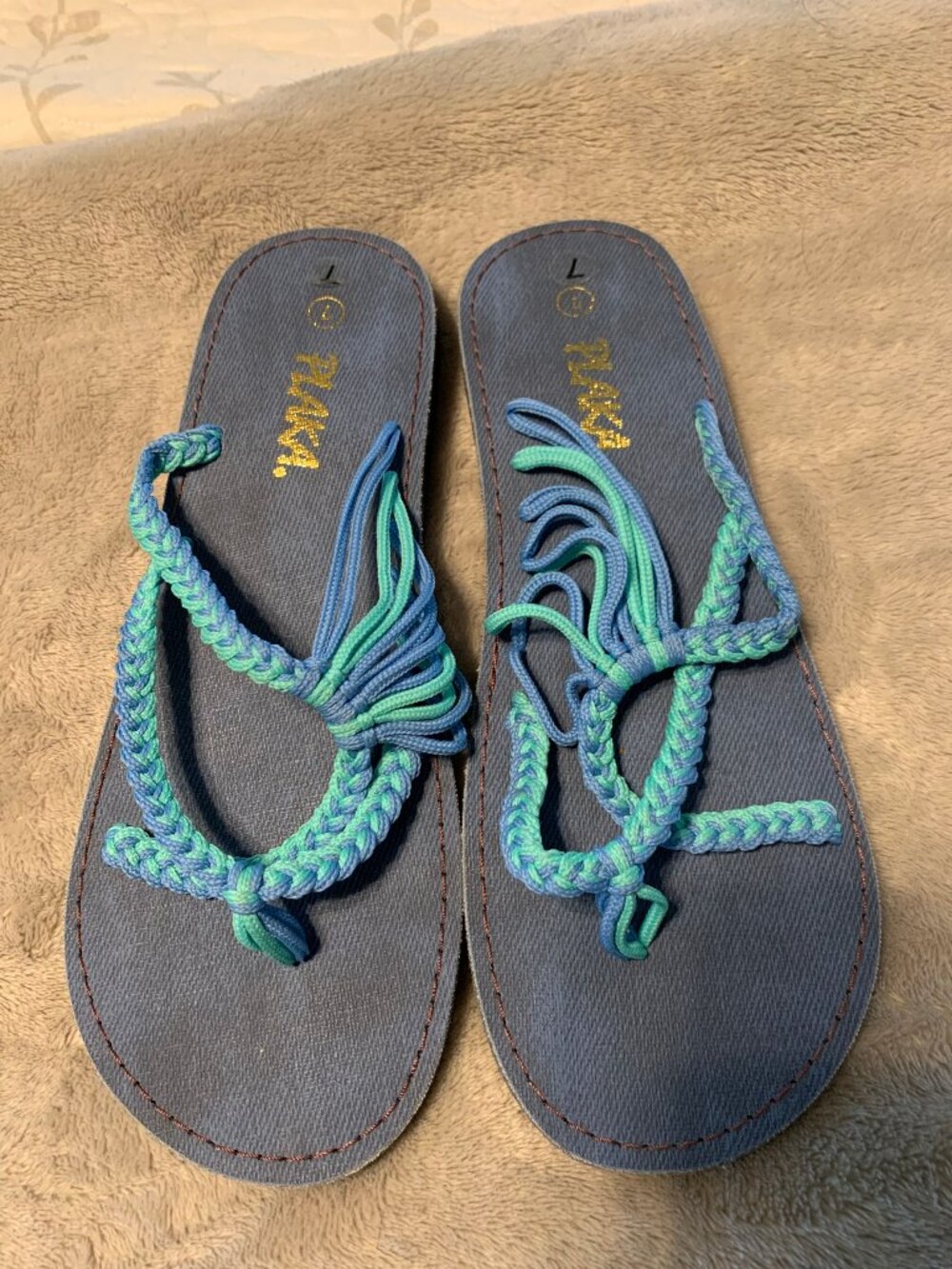 Plaka Oceanside Women’s Woven Braided Flip Flop Sandals Size 7 Blue & Teal